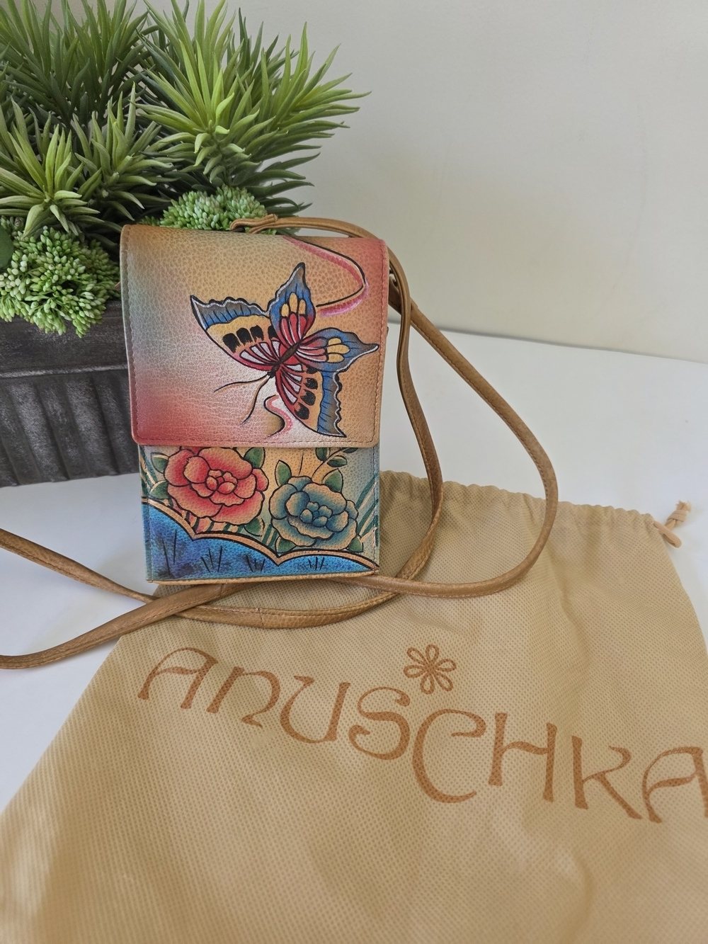 Anuschka Hand Painted Leather Crossbody Bag Butterfly Floral Mini Purse Clutch